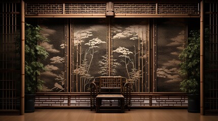An image showcasing the intricate patterns of bamboo weave on a traditional Japanese screen, with space for text. Background image. AI generated