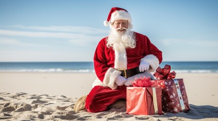 tradition of Santa Claus delivering gifts by the shore, capturing the essence of Christmas in a coastal paradise