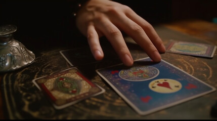 Fortune teller's hands with tarot cards for predicting the future. Hands of astrologers who read the future and fate. horoscope and forecasting concept. Generative AI