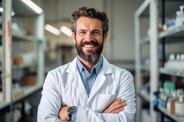 Portrait of smiling male pharmacist standing with arms crossed in drugstore - Powered by Adobe