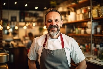Portrait of a handsome mature man wearing apron and smiling while standing in a coffee shop - Powered by Adobe