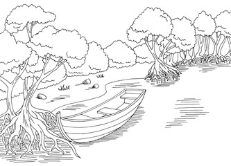 Boat in mangrove jungle forest river graphic black white landscape sketch illustration vector
