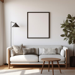 A mockup showcasing wall painting in the living room, accompanied by a sofa, table, and bonsai