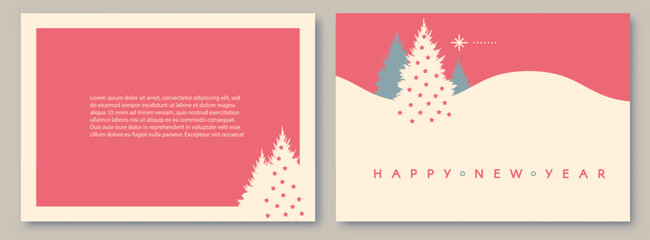 Merry Christmas and Happy New Year flyer and card template set with Christmas trees. Coniferous forest. Fir tree. Season winter offer. Minimal landscape.