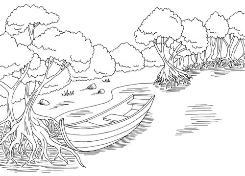 Boat in mangrove jungle forest river graphic black white landscape sketch illustration vector