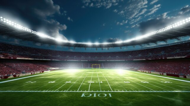 American football stadium with green grass field.