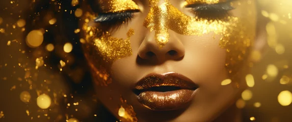 Deurstickers a beautiful woman with gold glitter makeup © Kien