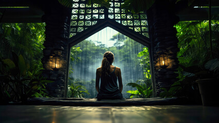 Young woman meditating in lotus position in tropical garden  - obrazy, fototapety, plakaty