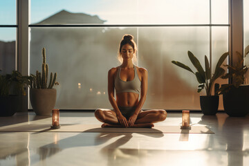 Young woman practicing yoga in the room with panoramic windows - obrazy, fototapety, plakaty