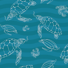 Vector blue waves turtles seamless pattern background. Perfect for fabric, scrapbooking, and wallpaper projects.