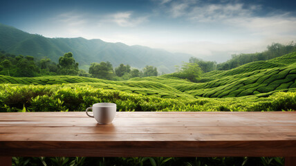 Empty wooden table top board with tea coffee mug and tea plantation rays on the background. Organic green agriculture hills copy space banner - obrazy, fototapety, plakaty