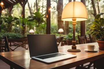 Fototapeta premium Laptop mockup in a cozy cafe, work and relaxation, technology meets comfort. Generative AI.