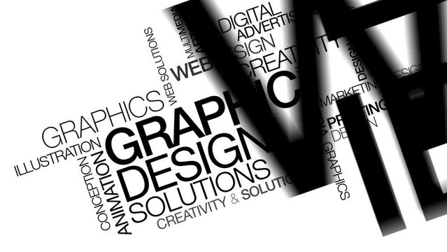 Graphic Design words tag cloud black and white text animation
