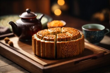 Obraz na płótnie Canvas Mooncake on table with tea cups on wooden background and full moon, Mid-Autumn Festival concept.