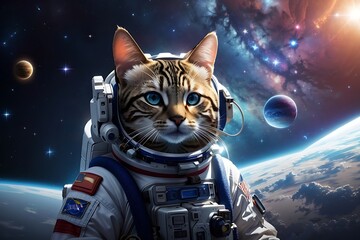 Science fiction space wallpaper with cat astronaut, incredibly beautiful planets, galaxies,  beauty of endless universe
