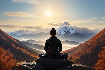 Serene silhouette meditating on tranquil autumn mountain freedom