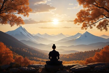 Serene silhouette meditating on tranquil autumn mountain meditation
