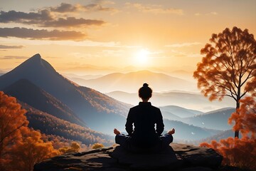 Serene silhouette meditating on tranquil autumn mountain water