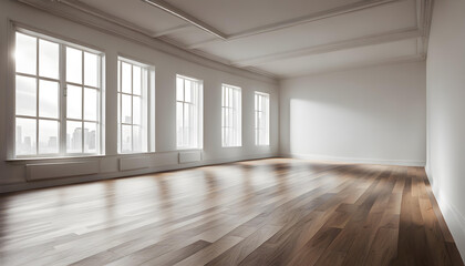 A large, empty room with a wooden floor, white walls, and large windows that let in bright natural light.