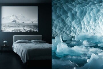 Collage of melting ice in ocean with wave covering bed in bedroom. Generative AI