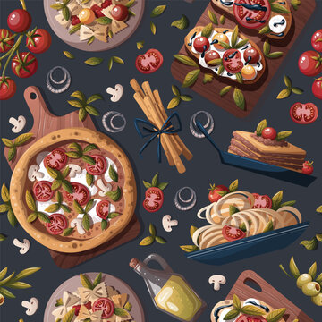 Seamless pattern with Italian pizza, pasta, bruschetta, lasagna. Italian food, healthy eating, cooking, recipes, restaurant menu concept. Vector illustration.