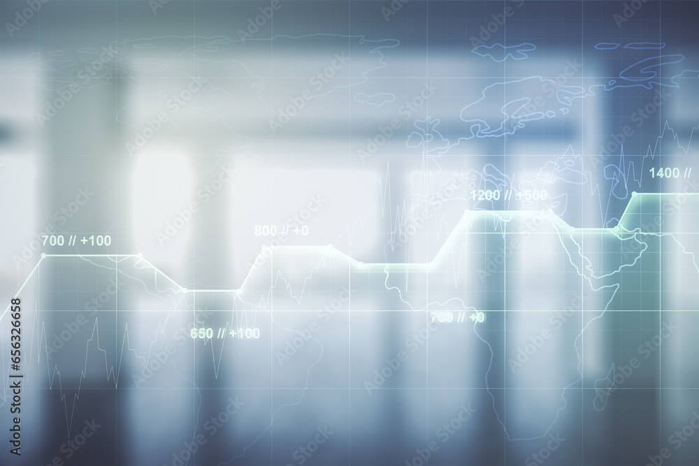 Poster Double exposure of abstract creative statistics data hologram on empty room interior background, analytics and forecasting concept