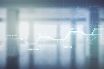 Double exposure of abstract creative statistics data hologram on empty room interior background, analytics and forecasting concept