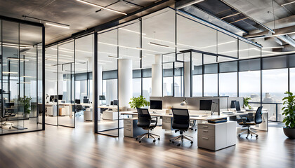 A large, bright and open glass office with a luxurious, modern, simple and contemporary design.