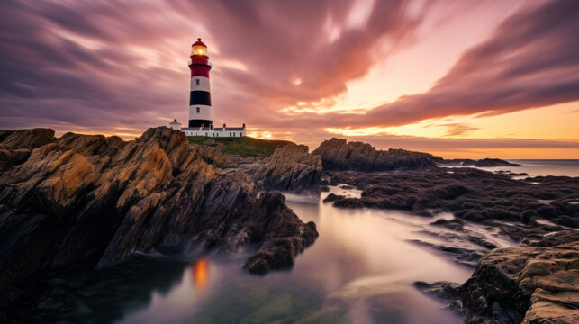vue d'une phare de signalisation maritime sur une c&ocirc;te rocheuse sous un ciel nuageux dans le nord de l'Europe