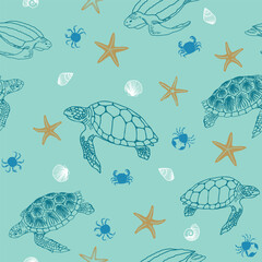 Vector blue beach turtles seamless pattern background. Perfect for fabric, scrapbooking, and wallpaper projects.