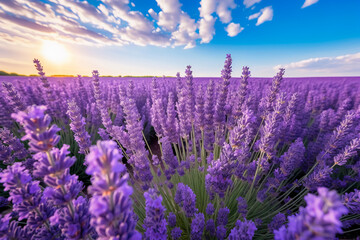 Nature lighting of stunning lavender field in background of beautiful sky and landscape. Superb view concept of flowers and plants.