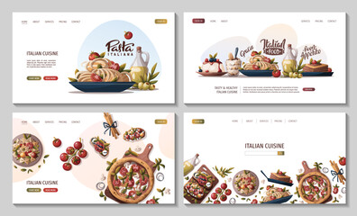Set of Web pages with Italian pizza, pasta, bruschetta, lasagna, olive oil, tiramisu. Italian food, healthy eating, cooking, recipes, restaurant menu concept. Vector illustration for banner, website.