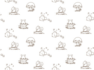 キノコと動物のシームレスパターン① © Sachi