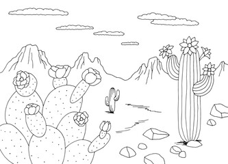 Cactus bloom in the desert landscape sketch illustration vector