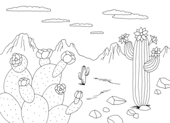 Rolgordijnen Cactus bloom in the desert landscape sketch illustration vector © aluna1