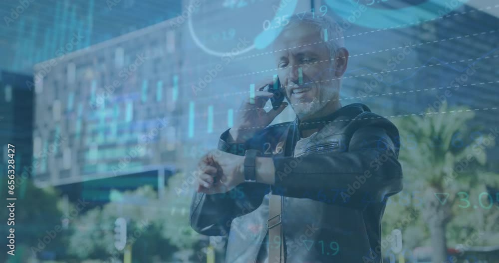 Poster animation of data processing over caucasian man using smartphone