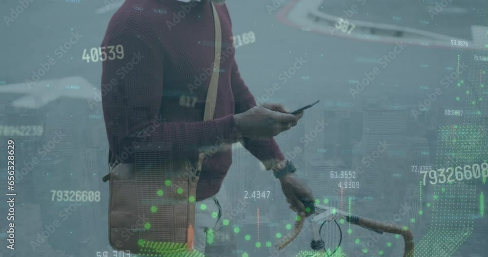 Poster animation of data processing over african american man using smartphone