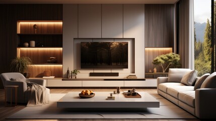 Interior design of a living room for a couple with media wall, TV, modern home.