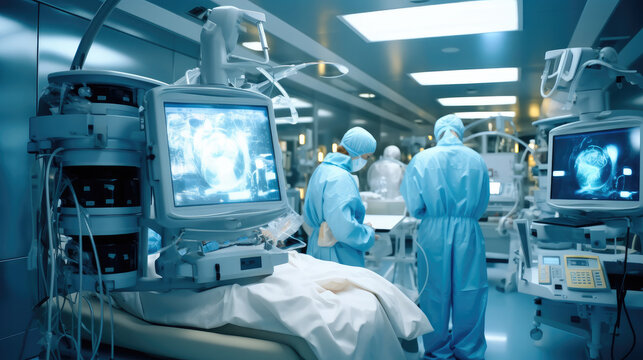 In advanced operating room with lots of equipment, Surgical specialists.