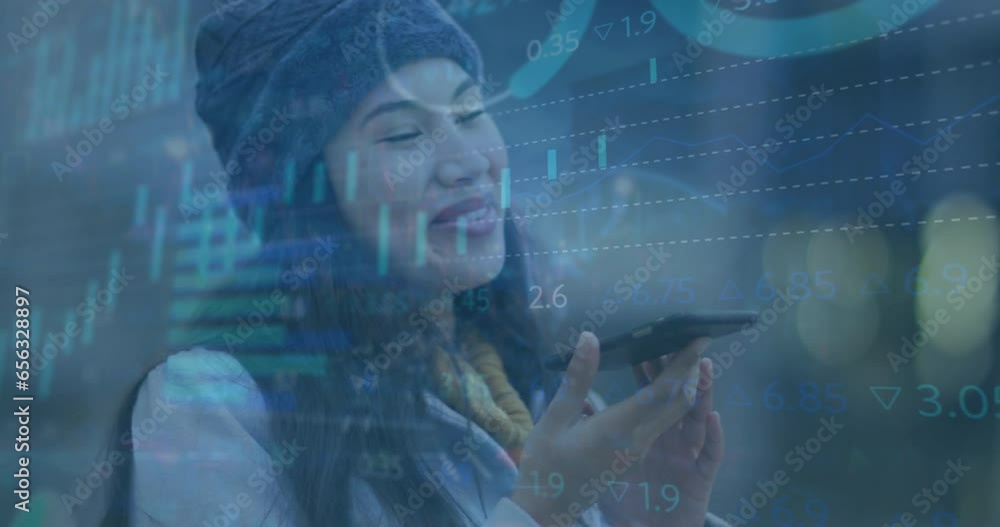 Poster animation of data processing over biracial woman using smartphone