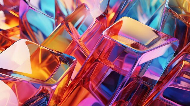 Abstract 3d glass artwork with vibrant colors and reflections, creative background