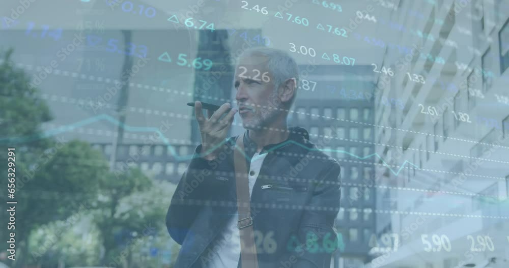 Poster animation of data processing over caucasian man using smartphone