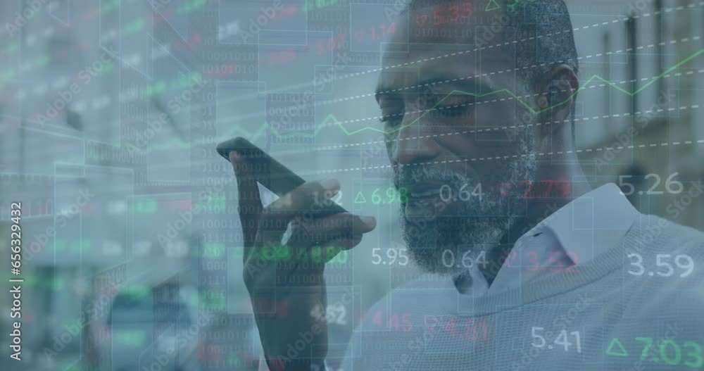 Poster animation of data processing over african american man using smartphone