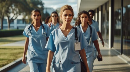 Medical students wearing scrubs walking together after class in university at a hospital.
