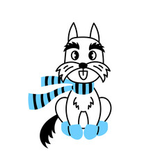 Yorkshire Terrier in scarf and boots doodle. Cute little dog wearing winter clothes. Vector illustration for pet, kids, product design.