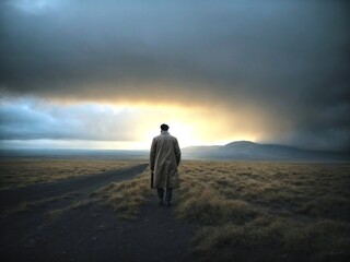 A man walking in a field alone - obrazy, fototapety, plakaty