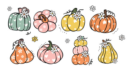  Cute Hallowen pumpkin cartoon doodle set with retro and groovy vibes cartoon doodle hand drawing.