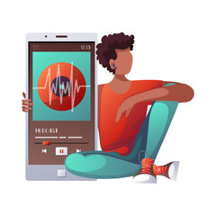 Black man with huge phone and earphones listening to music, audio book or podcast. E-learning, online courses, education, music, broadcast concept. Isolated Vector illustration.