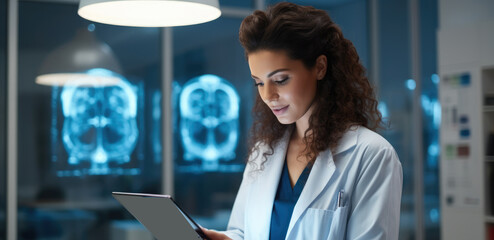 Neurology doctor planning surgery in office, Using digital tablet results and patient data on tech for expert consultation, Cancer. - obrazy, fototapety, plakaty