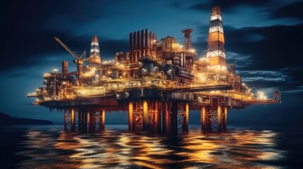 Fototapeta premium Oil and Gas Drilling Rig over Offshore Platform, Offshore oil rig at night.